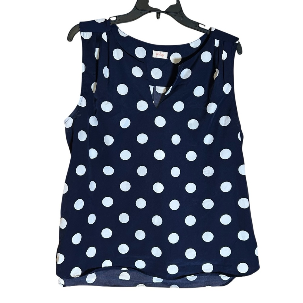 Pixley Women’s Navy Blue Polka Dot Sleeveless Blouse Split V Neck Large USA Made